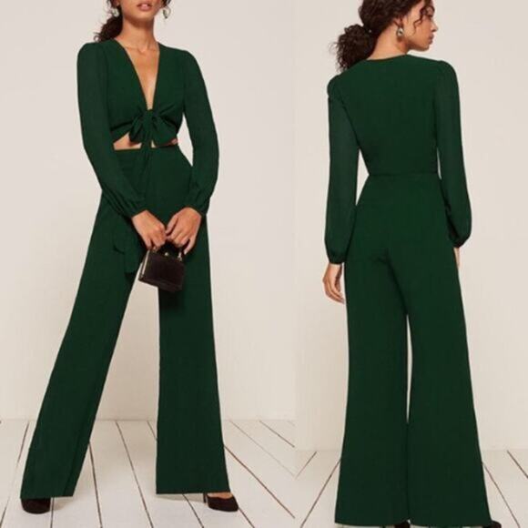 NWT Reformation Primrose Long Sleeve Tie Front Cutout Wide Leg Jumpsuit Green - Picture 7 of 7